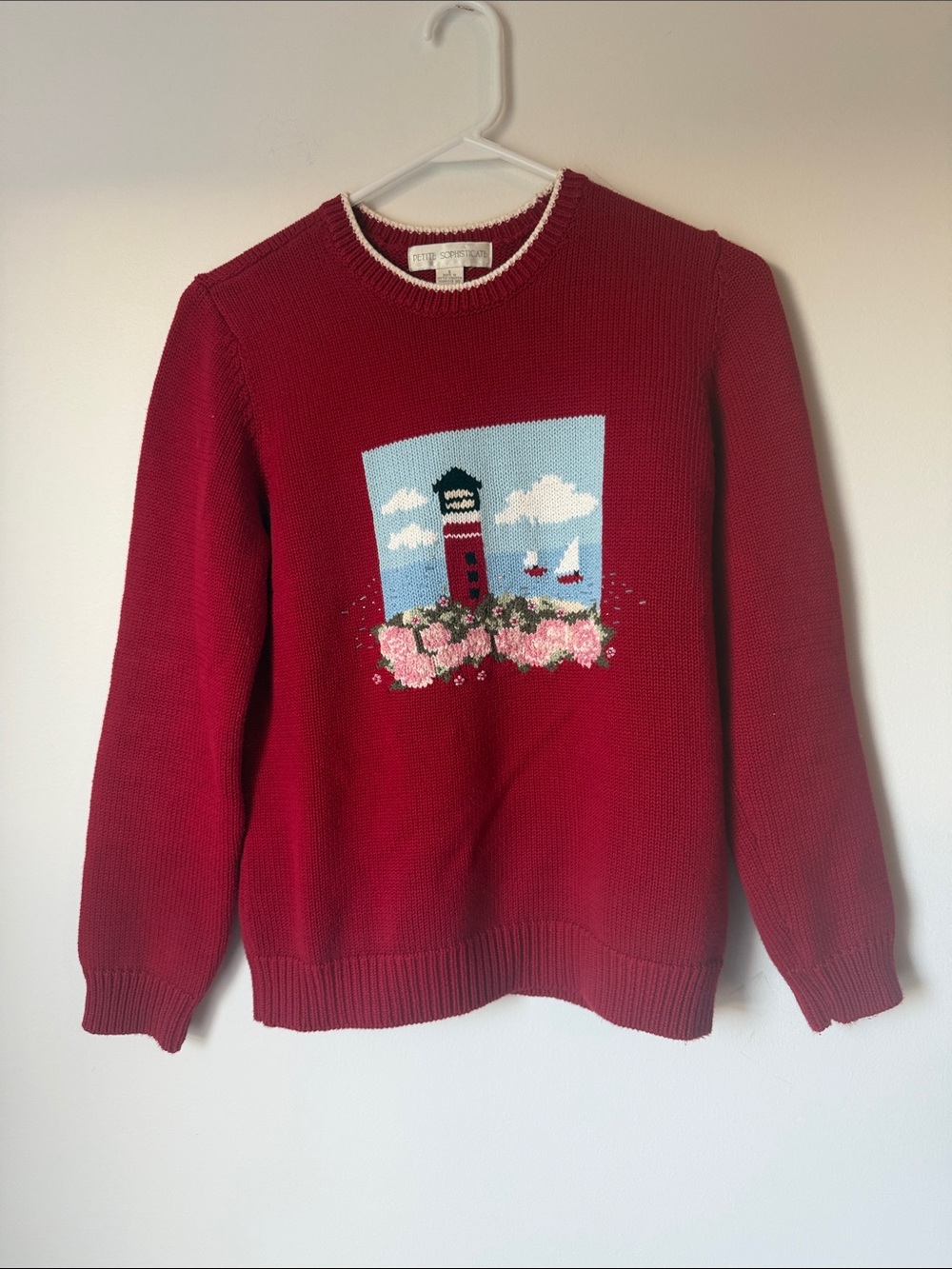 Vintage Petite Sophisticate Red Crewneck Lighthouse Intarsia Sweater